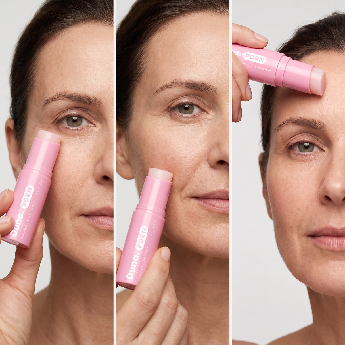 Where to apply the Duna Beauty PDRN balm: under the eyes, cheeks and forehead