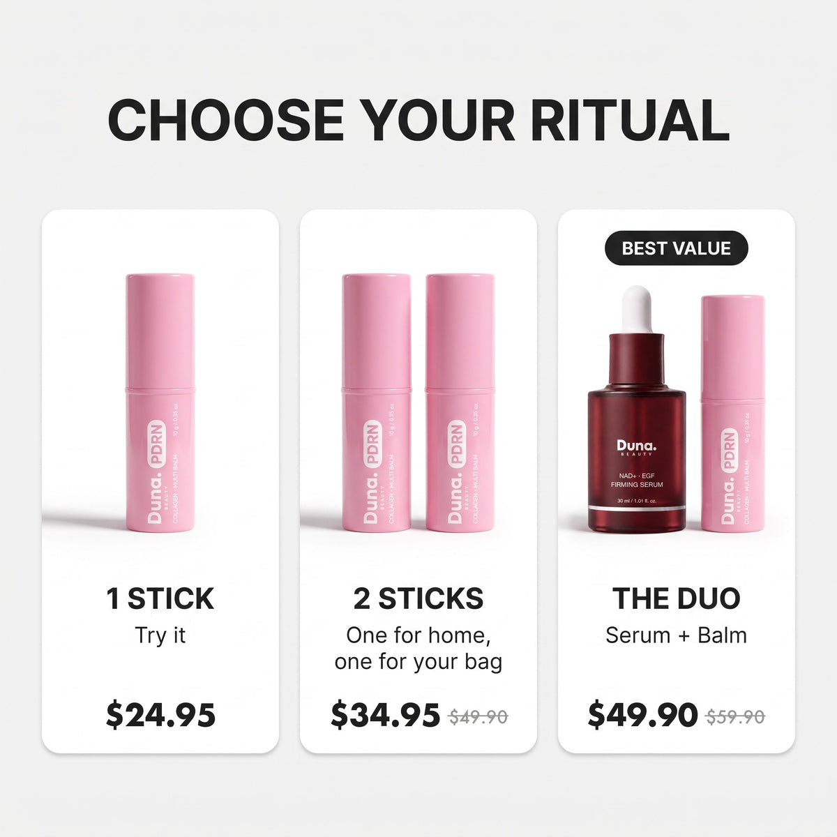 Duna Beauty PDRN balm offers: 1 stick, 2 sticks or the duo with the NAD+ EGF serum