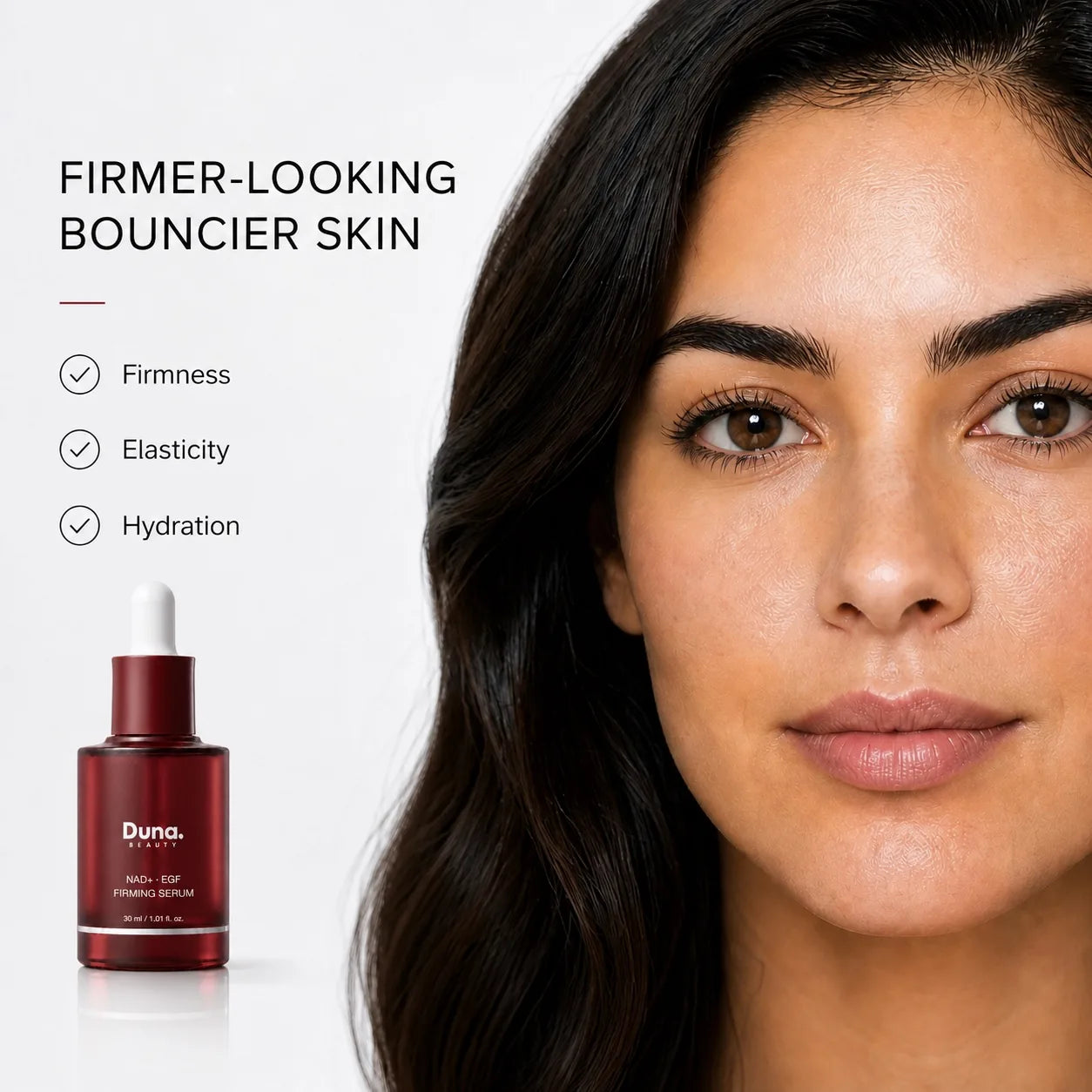 Duna Beauty NAD+ EGF Firming Serum benefits for firmness, elasticity and hydration