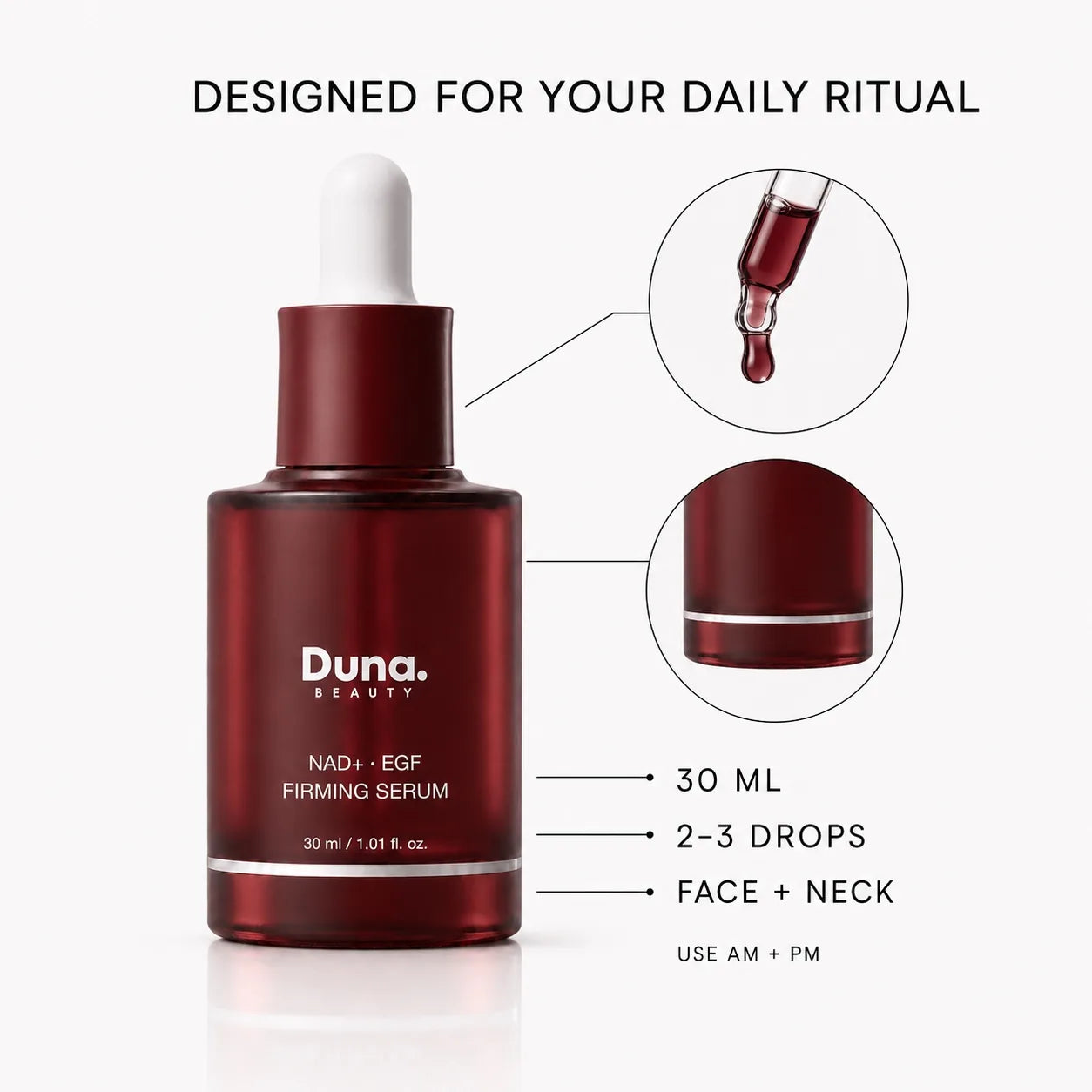 Duna Beauty NAD+ EGF Firming Serum 30 ml ruby bottle, precision dropper and product details