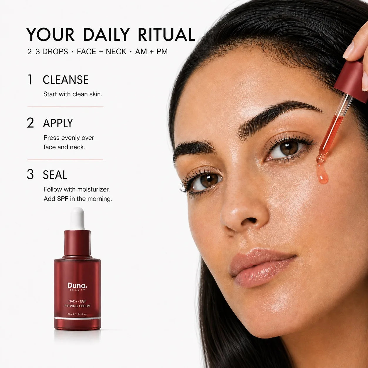 How to apply Duna Beauty NAD+ EGF Firming Serum to face and neck morning and evening