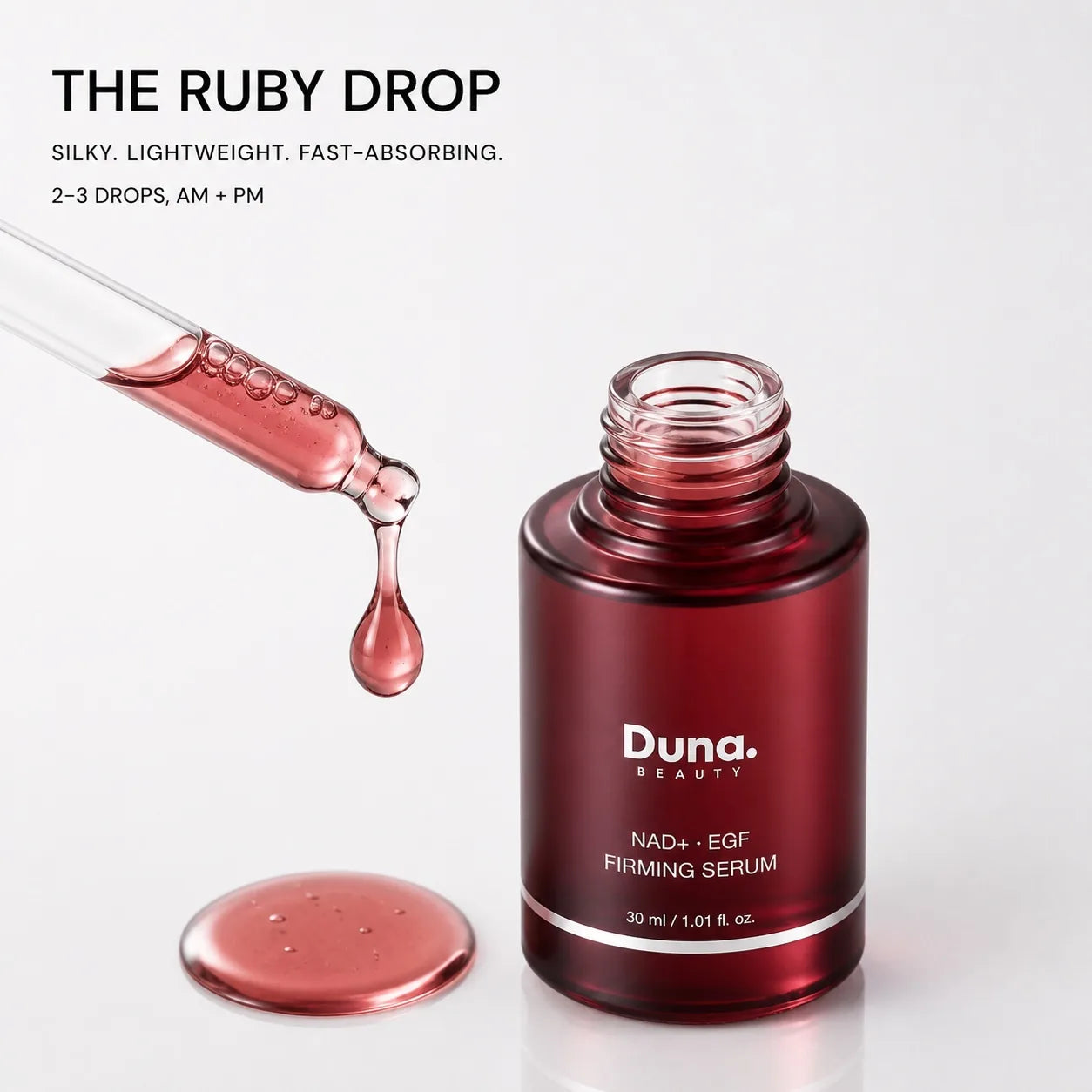 Ruby serum texture and precision pipette for Duna Beauty NAD+ EGF Firming Serum