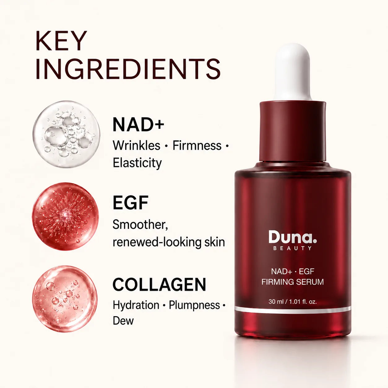 Duna Beauty NAD+, EGF and collagen ingredient benefits