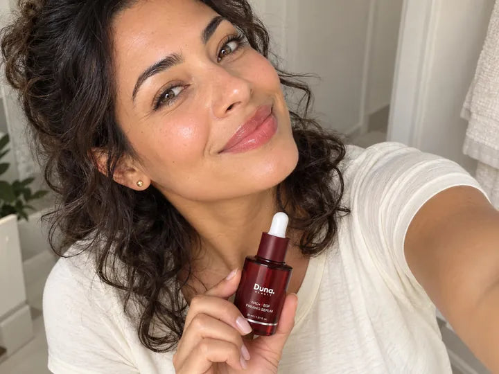AI-generated illustration of a woman holding Duna Beauty serum
